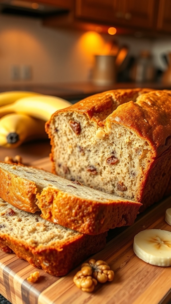 A loaf of banana nut bread sliced, showing moist texture and walnut pieces, on a wooden board with bananas and walnuts.